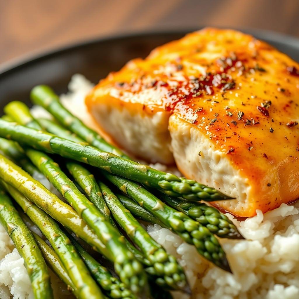 Pan-Seared Garlic Butter Salmon with Asparagus and White Rice Pan-Seared Garlic Butter Salmon with Asparagus and White Rice