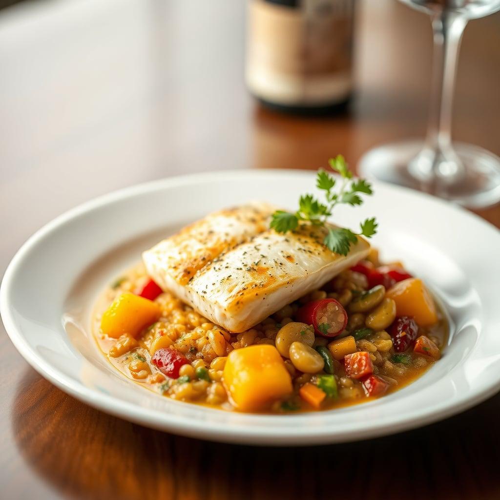 Peixe Assado ao Molho Mediterrâneo com Legumes Coloridos e Batatas ao Alho Peixe Assado ao Molho Mediterrâneo com Legumes Coloridos e Batatas ao Alho