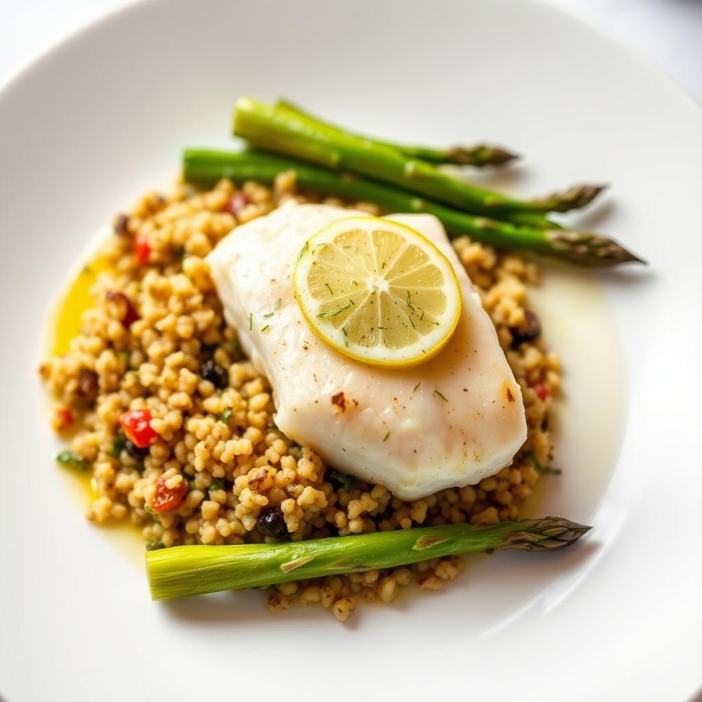 Lemon Butter Cod with Herbed Quinoa and Roasted Asparagus Lemon Butter Cod with Herbed Quinoa and Roasted Asparagus