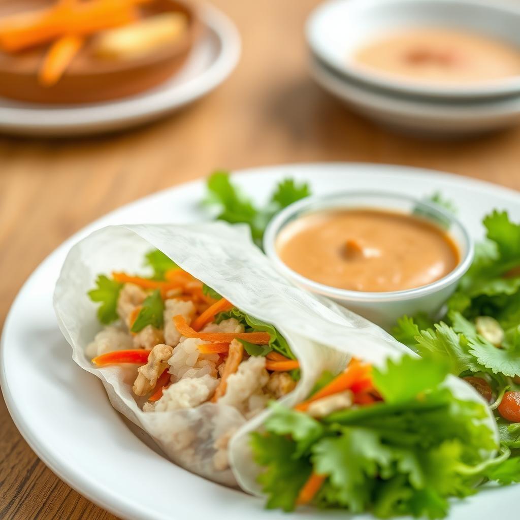 Asian-Inspired Rice Paper Wraps with Peanut Dipping Sauce Asian-Inspired Rice Paper Wraps with Peanut Dipping Sauce