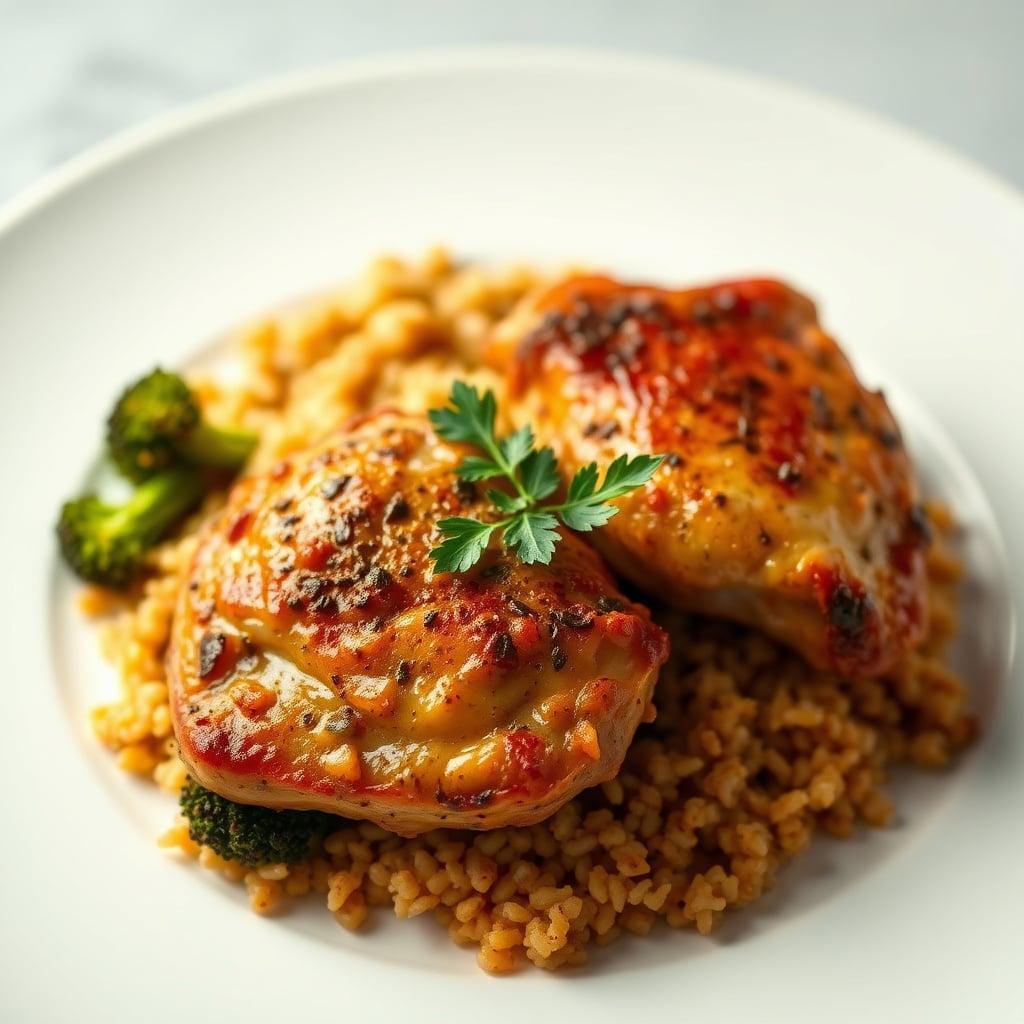 Moroccan-Spiced Chicken Thighs with Bulgur Pilaf and Harissa-Roasted Broccoli Moroccan-Spiced Chicken Thighs with Bulgur Pilaf and Harissa-Roasted Broccoli