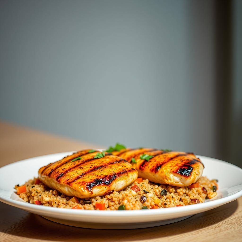 Herb-Marinated Grilled Chicken Thighs with Roasted Vegetable Quinoa Herb-Marinated Grilled Chicken Thighs with Roasted Vegetable Quinoa