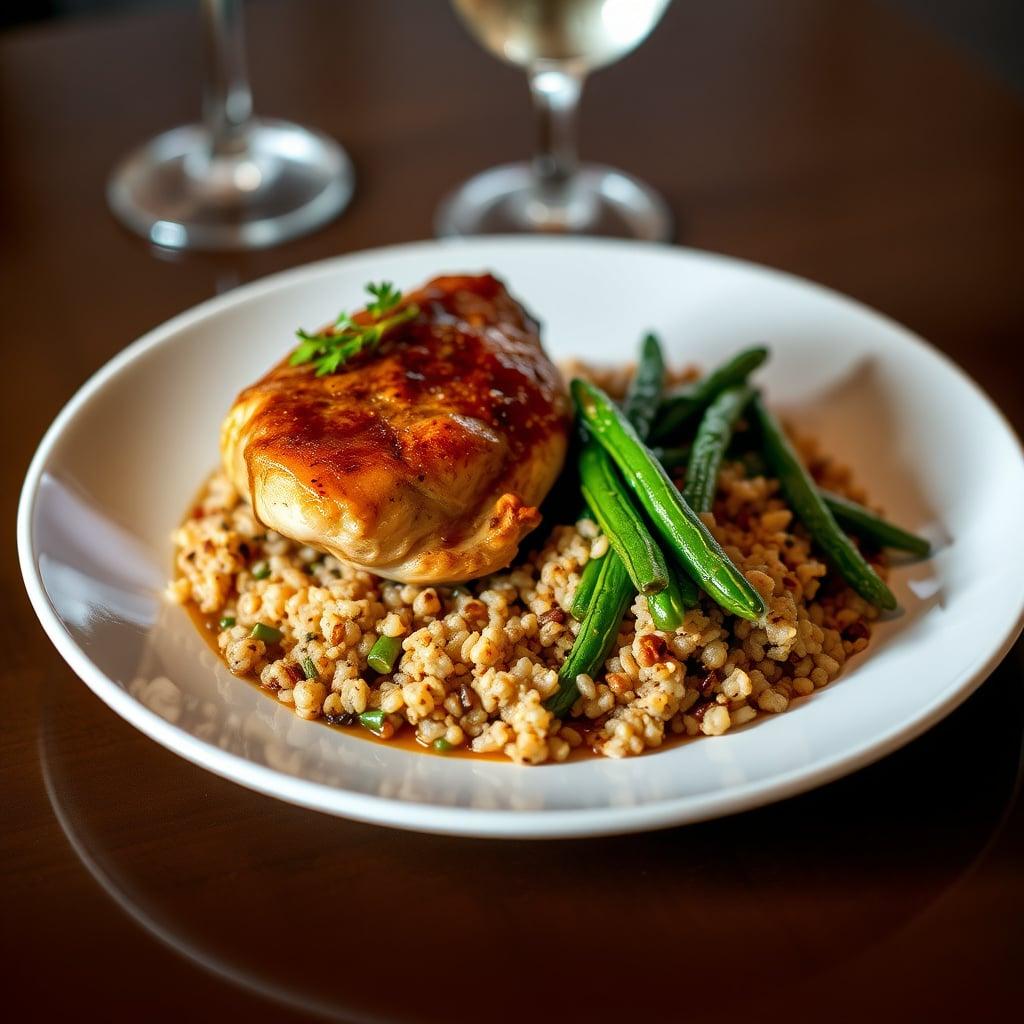 Dijon-Glazed Poulet with Chardonnay Reduction, Herb-Toasted Almond Quinoa, and Shallot-Sautéed Haricots Verts Dijon-Glazed Poulet with Chardonnay Reduction, Herb-Toasted Almond Quinoa, and Shallot-Sautéed Haricots Verts