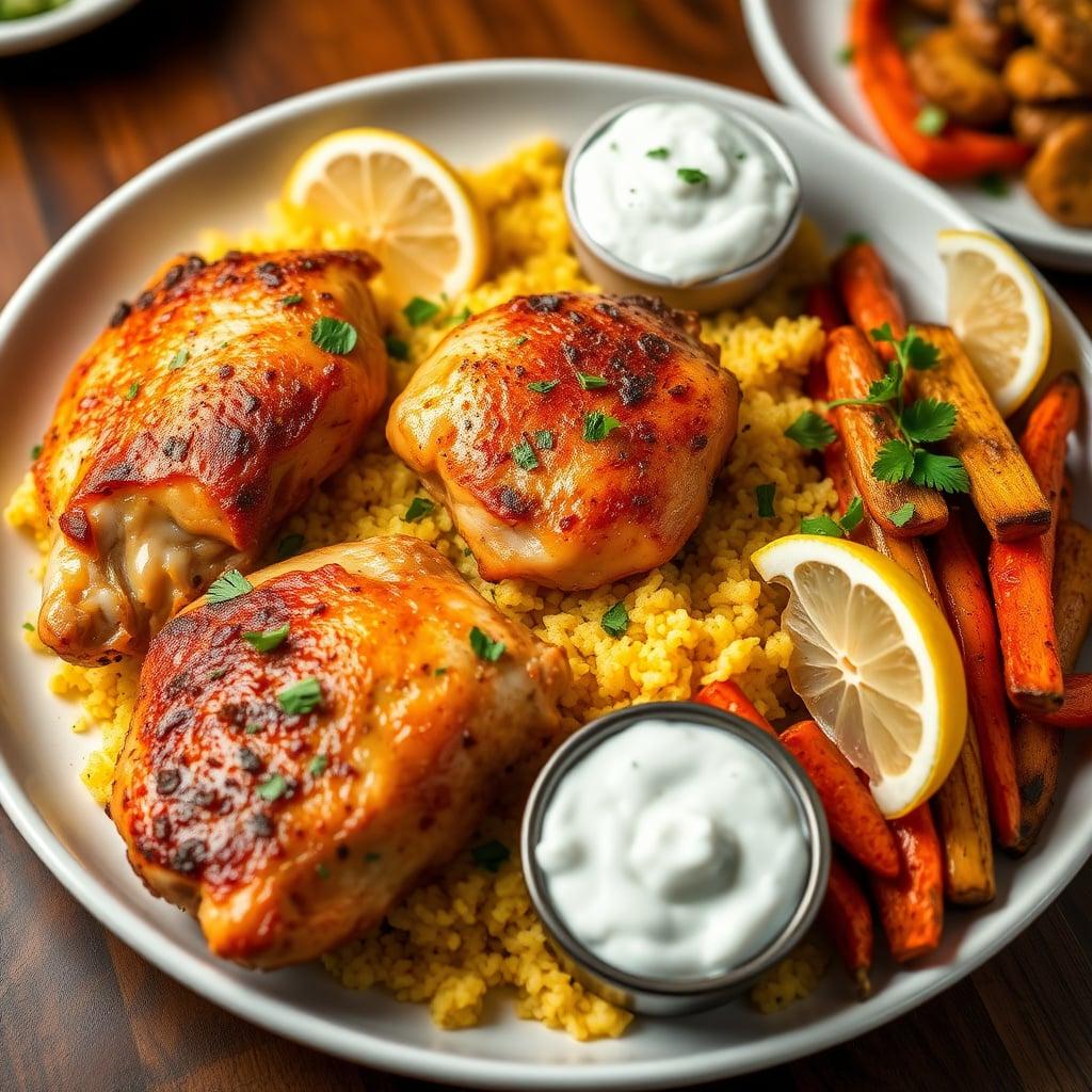 Mediterranean Baked Chicken Thighs with Tzatziki Rice and Roasted Carrot Medley Mediterranean Baked Chicken Thighs with Tzatziki Rice and Roasted Carrot Medley