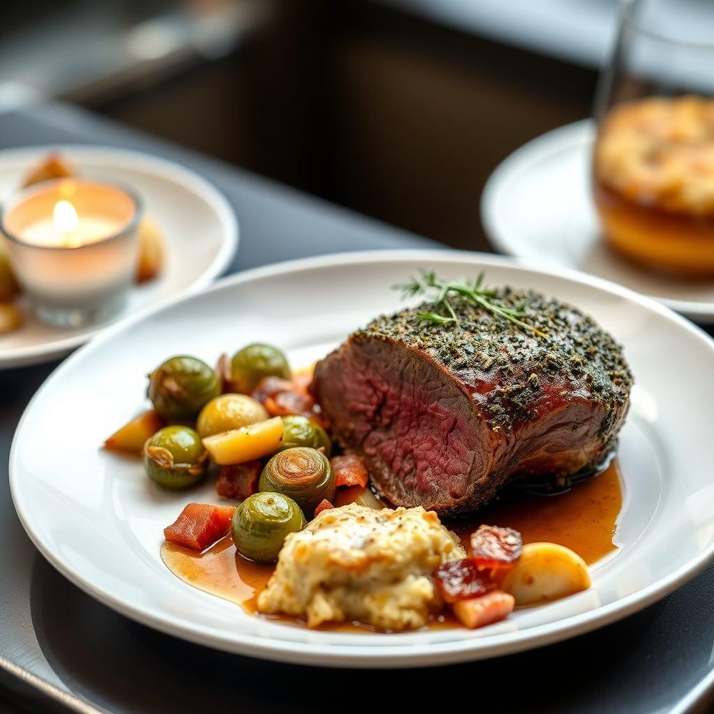 Herb-Crusted Whole Beef Tenderloin with Caramelized Brussels Sprouts, Bacon, and Garlic-Parmesan Potato Gratin Herb-Crusted Whole Beef Tenderloin with Caramelized Brussels Sprouts, Bacon, and Garlic-Parmesan Potato Gratin