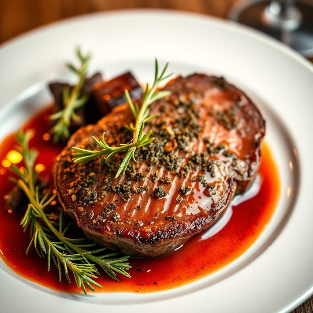 Herb-Crusted Pan-Seared Steak with Red Wine Reduction Herb-Crusted Pan-Seared Steak with Red Wine Reduction