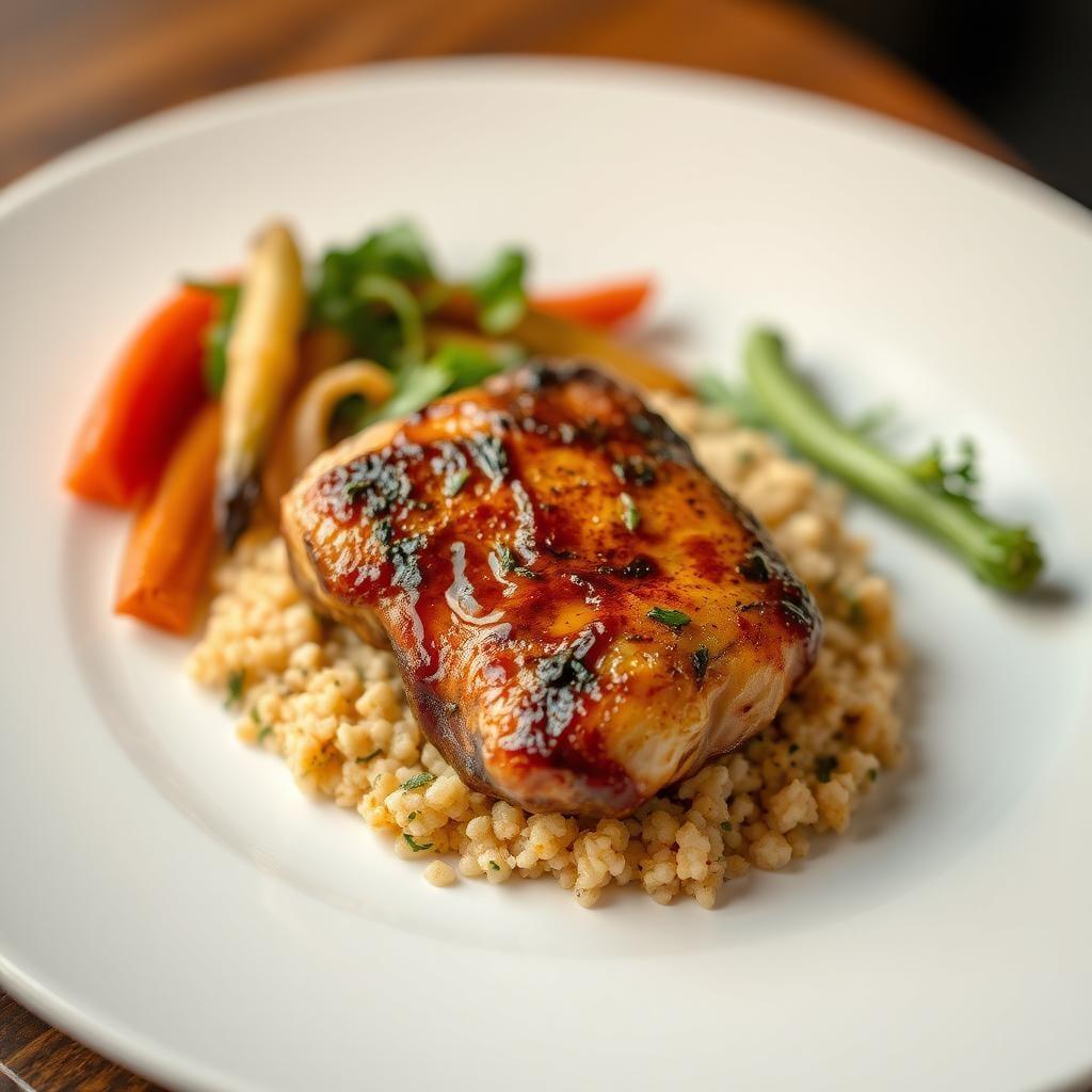 Balsamic Roasted Chicken Thighs with Herbed Couscous and Seasonal Vegetables