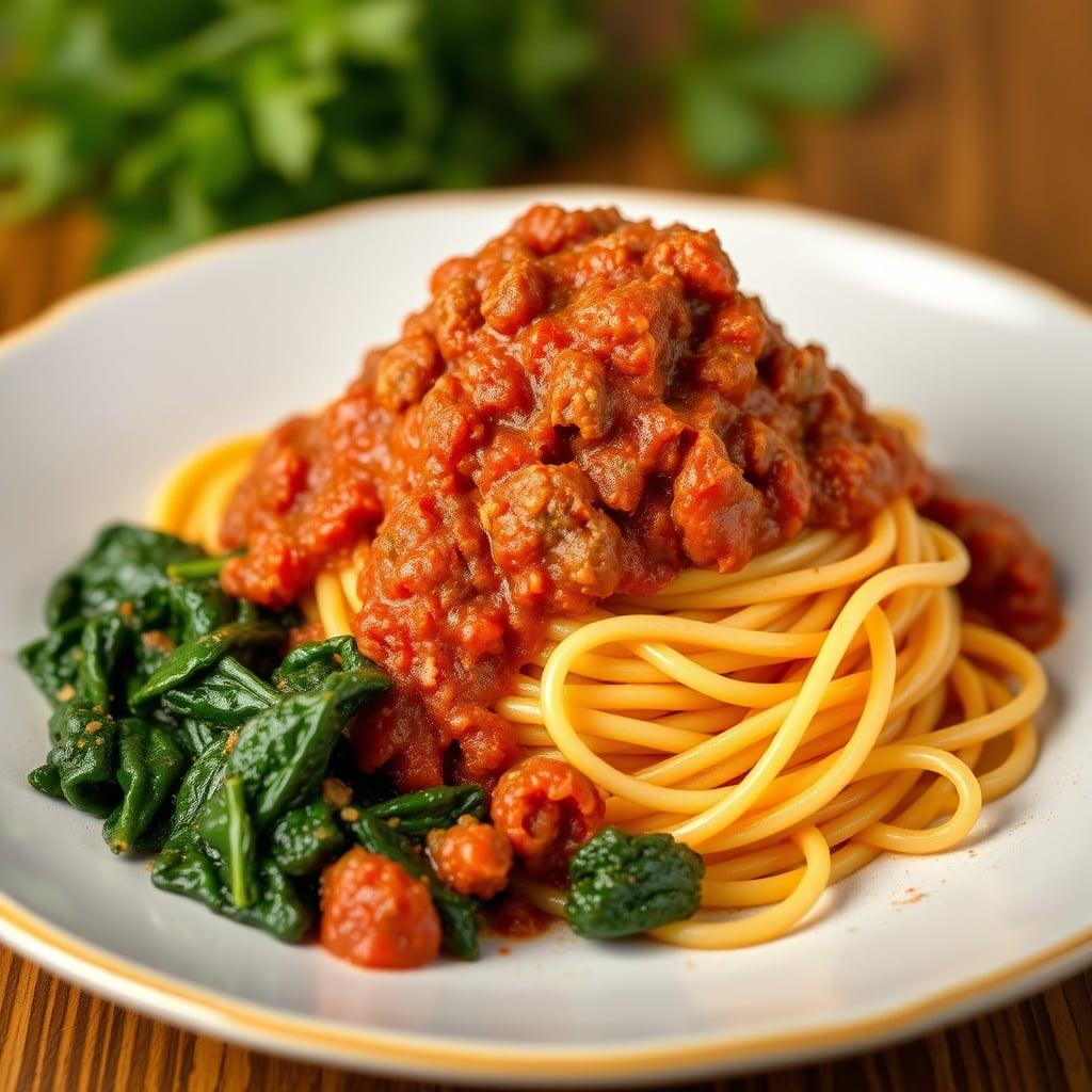 Quick Beef Bolognese with Spaghetti and Sautéed Spinach Quick Beef Bolognese with Spaghetti and Sautéed Spinach
