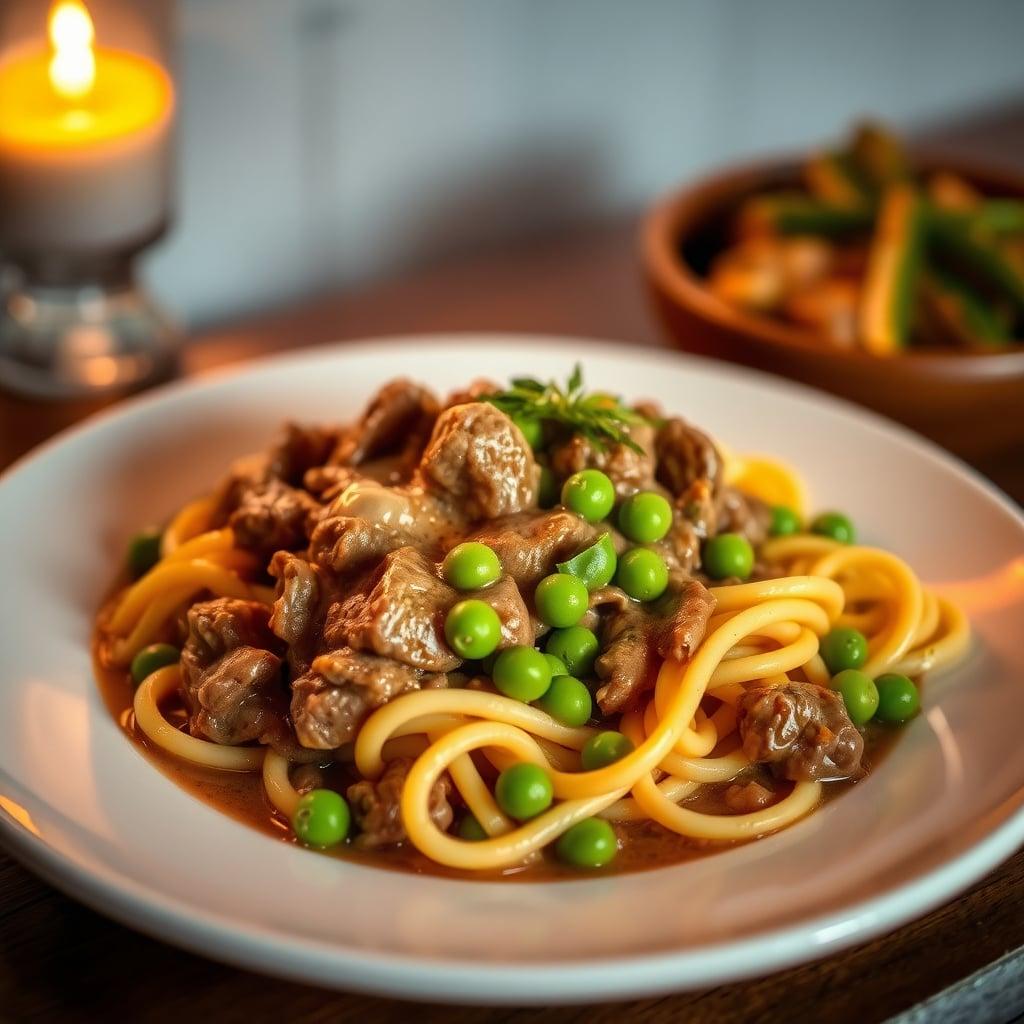 Beef Stroganoff with Egg Noodles and Buttered Peas
