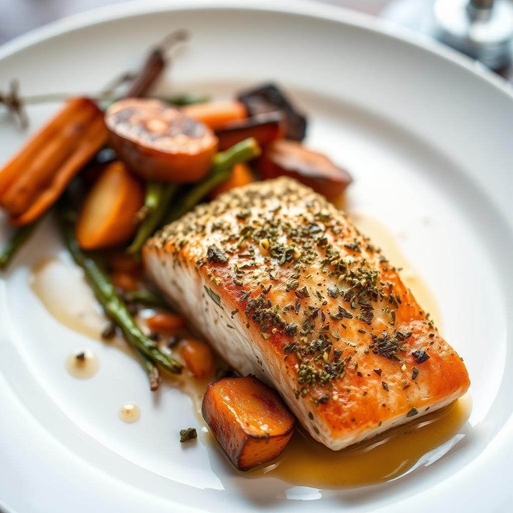 Herb-Crusted Baked Salmon with Roasted Root Vegetables Herb-Crusted Baked Salmon with Roasted Root Vegetables