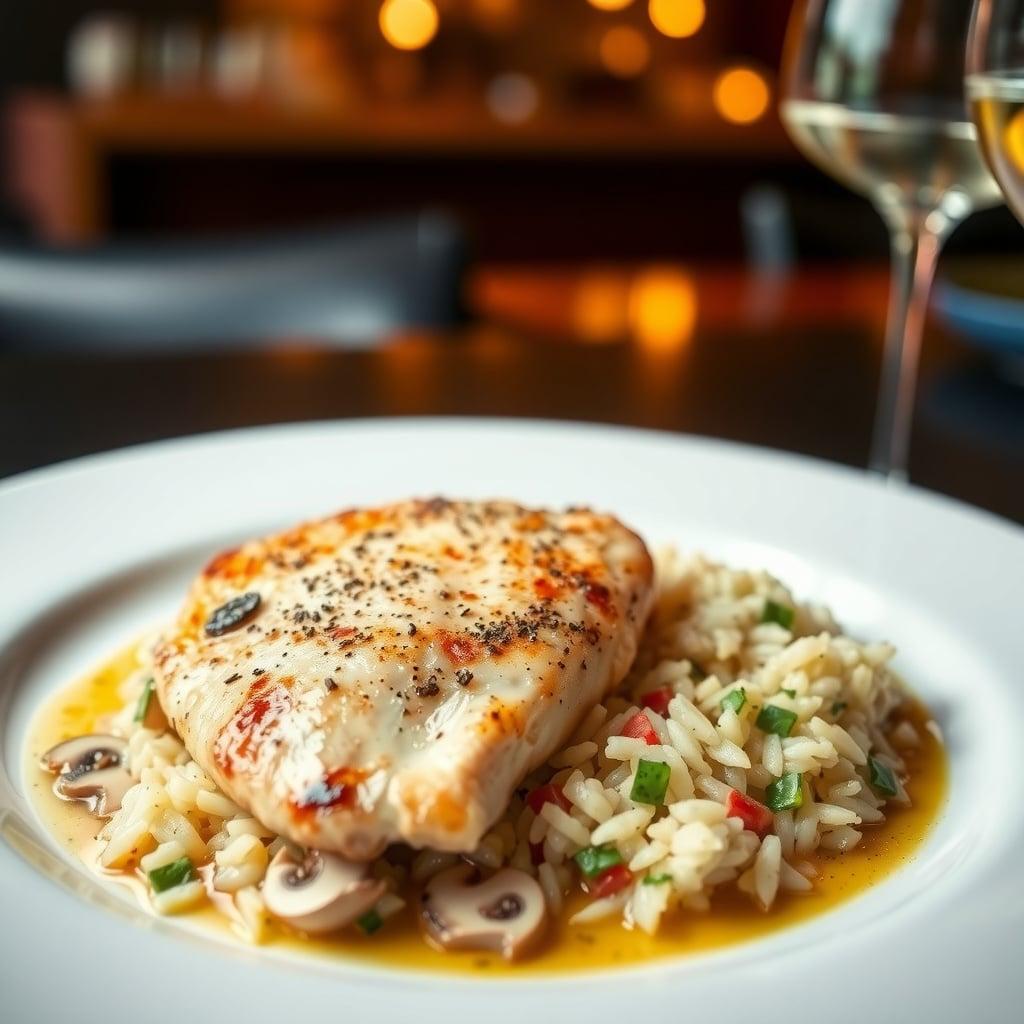 Pan-Seared Chicken with Mushroom Velouté and Herb Rice Pilaf Pan-Seared Chicken with Mushroom Velouté and Herb Rice Pilaf