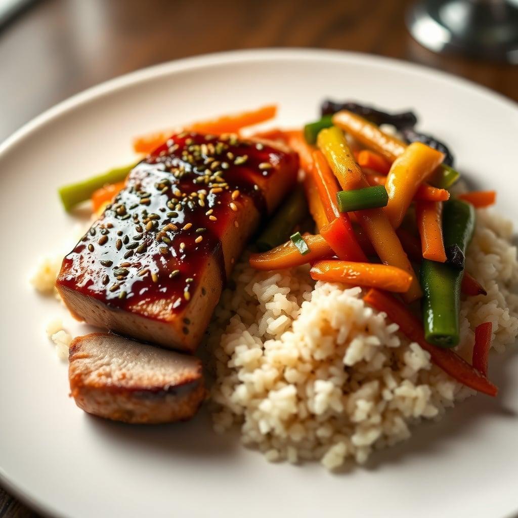 Sesame-Ginger Glazed Pork Tenderloin with Stir-Fried Vegetables and Jasmine Rice