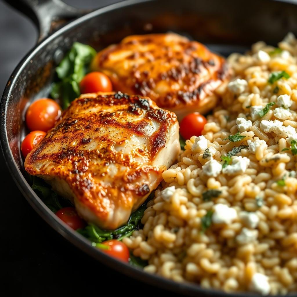 Modern Bistro Pan-Seared Chicken Thighs with Blistered Tomato-Shallot Reduction and Creamy Feta-Herb Orzo