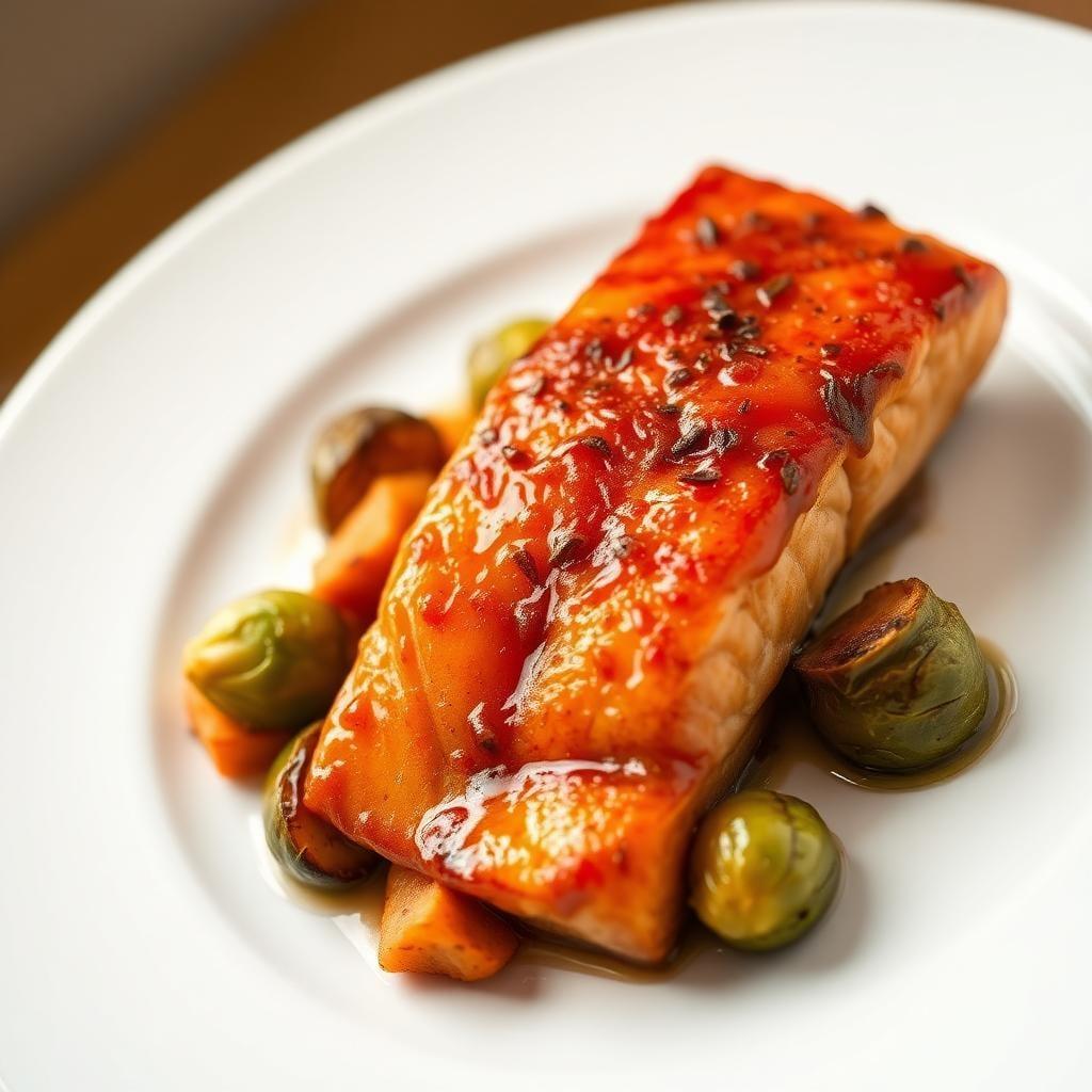 Maple-Glazed Salmon with Roasted Sweet Potato and Brussels Sprouts Maple-Glazed Salmon with Roasted Sweet Potato and Brussels Sprouts