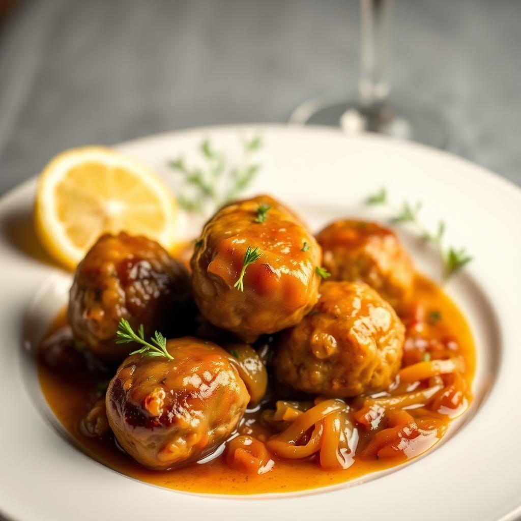 Lemon-Herb Turkey Meatballs with Caramelized Onion Sauce Lemon-Herb Turkey Meatballs with Caramelized Onion Sauce