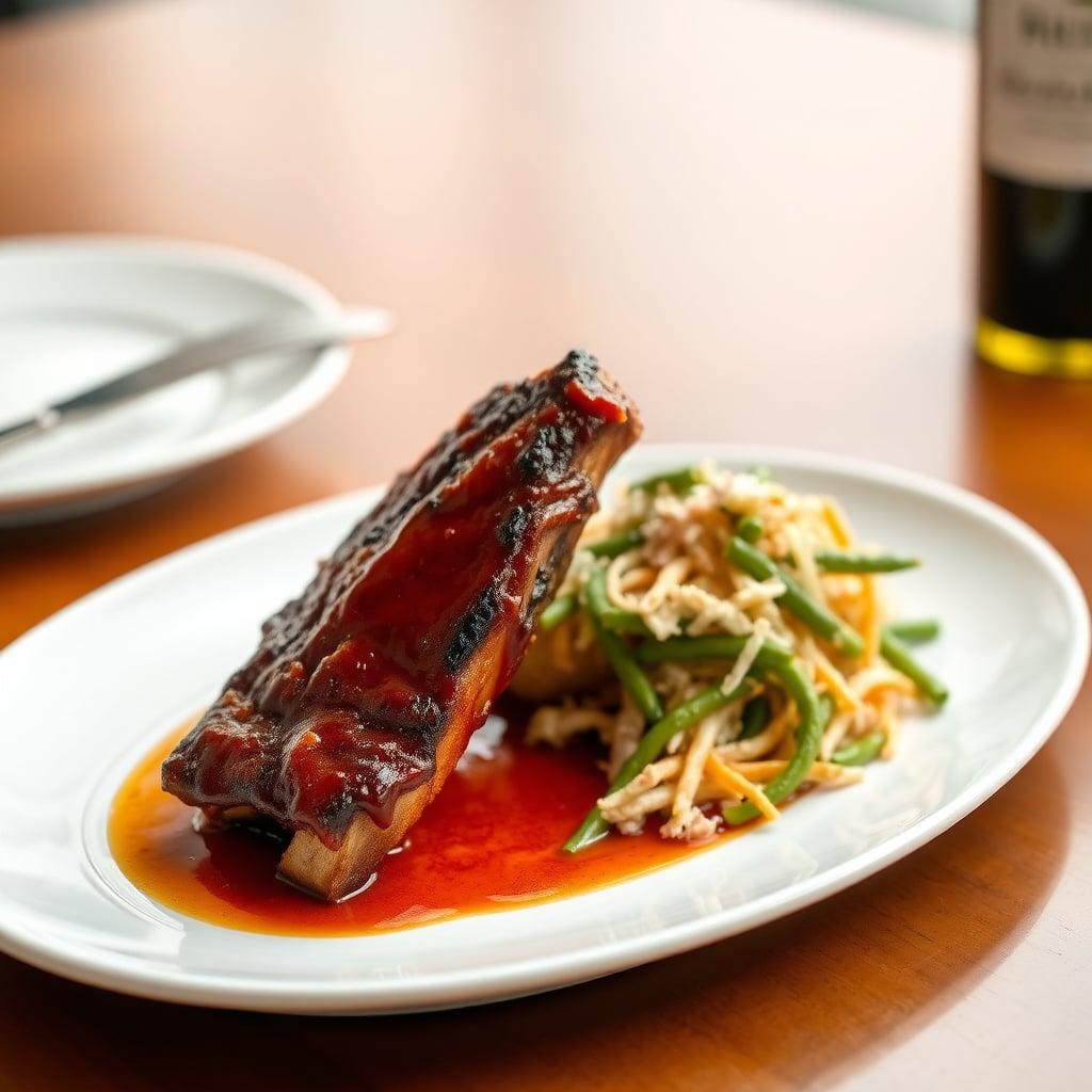 Slow-Braised BBQ Pork Back Ribs with Honey-Butter Cornbread and Tangy Green Bean Slaw Slow-Braised BBQ Pork Back Ribs with Honey-Butter Cornbread and Tangy Green Bean Slaw