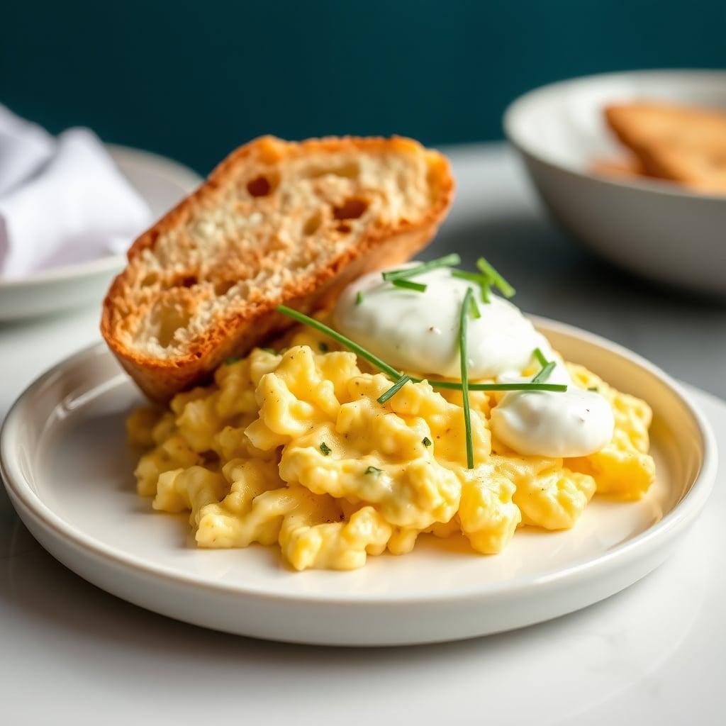 Soft-Scrambled Eggs with Chive-Infused Crème Fraîche and Toasted Sourdough Soft-Scrambled Eggs with Chive-Infused Crème Fraîche and Toasted Sourdough