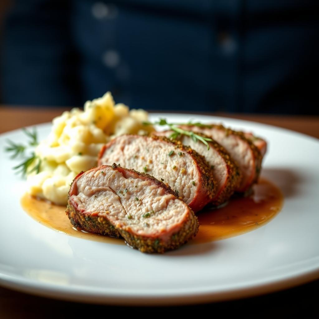 Herb-Crusted Pork Tenderloin with Garlic Mashed Potatoes Herb-Crusted Pork Tenderloin with Garlic Mashed Potatoes