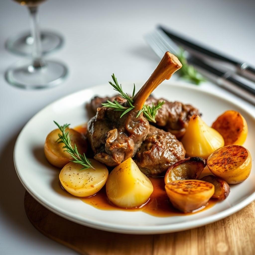 Braised Lamb Shanks with White Wine, Rosemary Potatoes, and Roasted Turnips