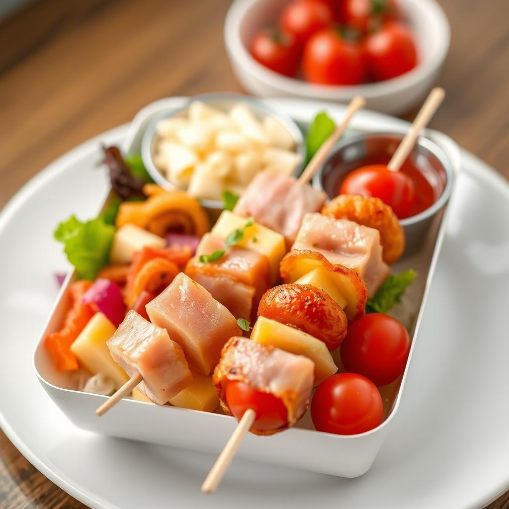 Bento Box Lunch with Ham & Cheese Kabobs