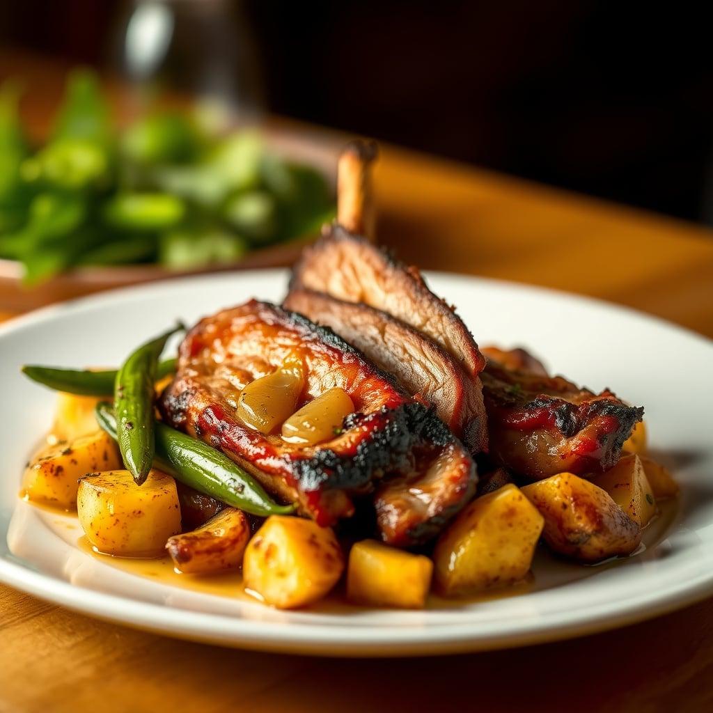 Low and Slow Overnight Kettle-Smoked Pork Shoulder with Tangy Cider-Mustard Mop, Poblano-Potato Salad, and Blistered Snap Peas Low and Slow Overnight Kettle-Smoked Pork Shoulder with Tangy Cider-Mustard Mop, Poblano-Potato Salad, and Blistered Snap Peas
