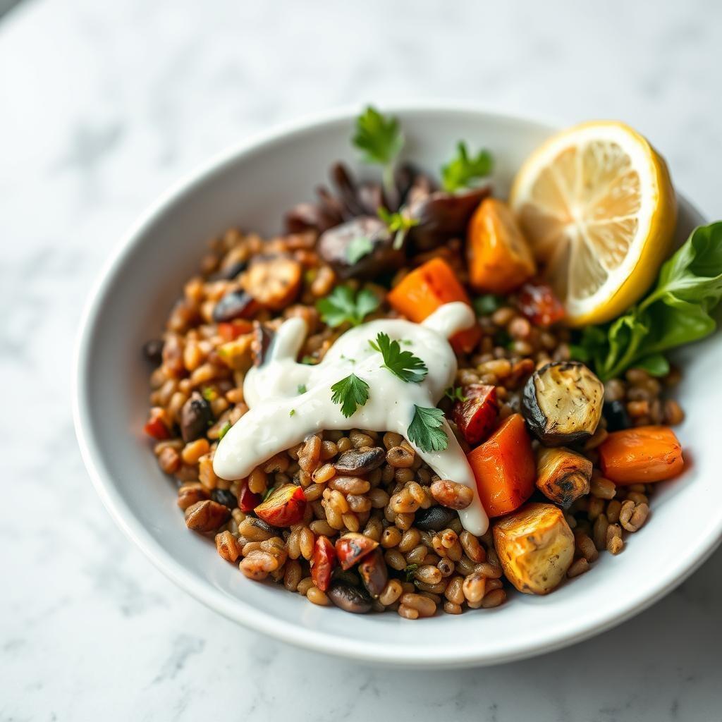 Lentil & Roasted Vegetable Grain Bowl with Lemon Tahini Drizzle Lentil & Roasted Vegetable Grain Bowl with Lemon Tahini Drizzle