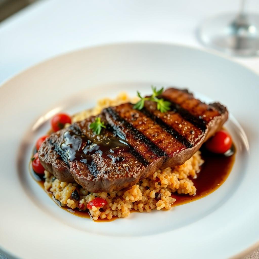 Seared Steak with Balsamic Pan Sauce, Bulgur Pilaf and Caramelized Cherry Tomatoes Seared Steak with Balsamic Pan Sauce, Bulgur Pilaf and Caramelized Cherry Tomatoes