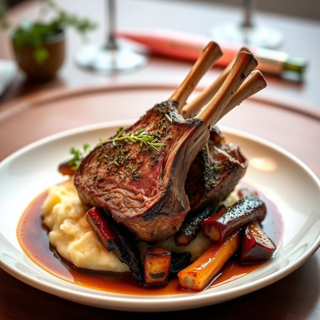 Herb-Crusted Rack of Lamb with Roasted Garlic Mashed Potatoes and Balsamic Glazed Vegetables Herb-Crusted Rack of Lamb with Roasted Garlic Mashed Potatoes and Balsamic Glazed Vegetables