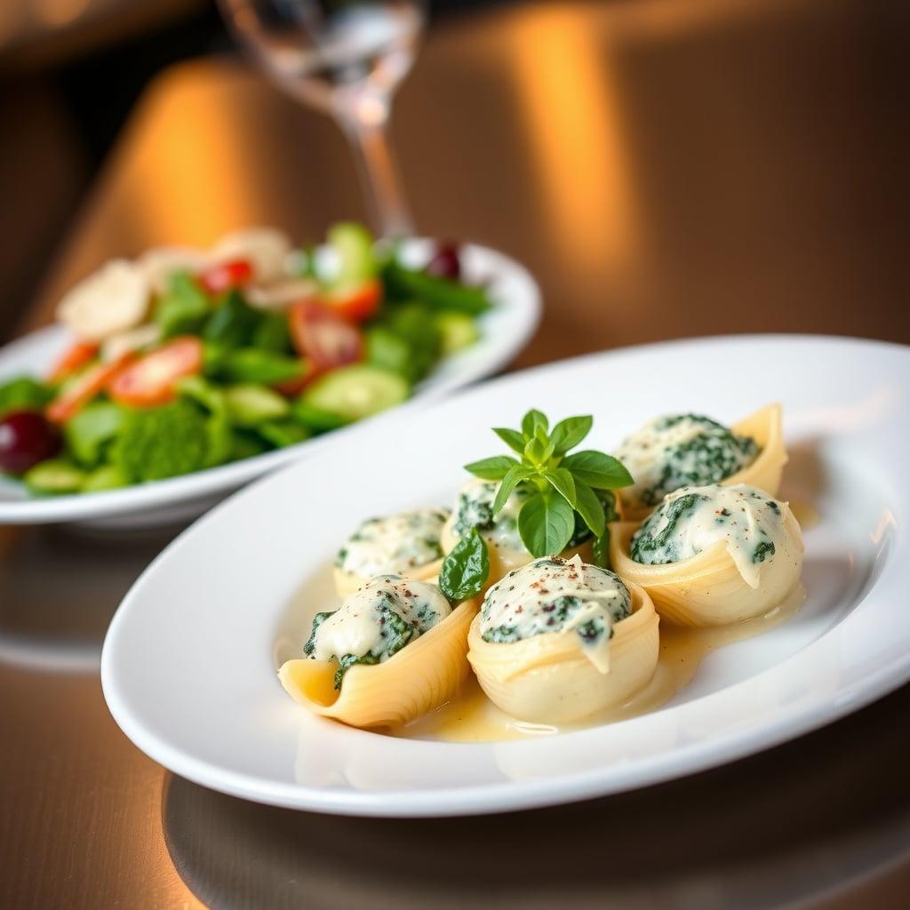Creamy Spinach and Cheese Stuffed Shells with Side Salad Creamy Spinach and Cheese Stuffed Shells with Side Salad