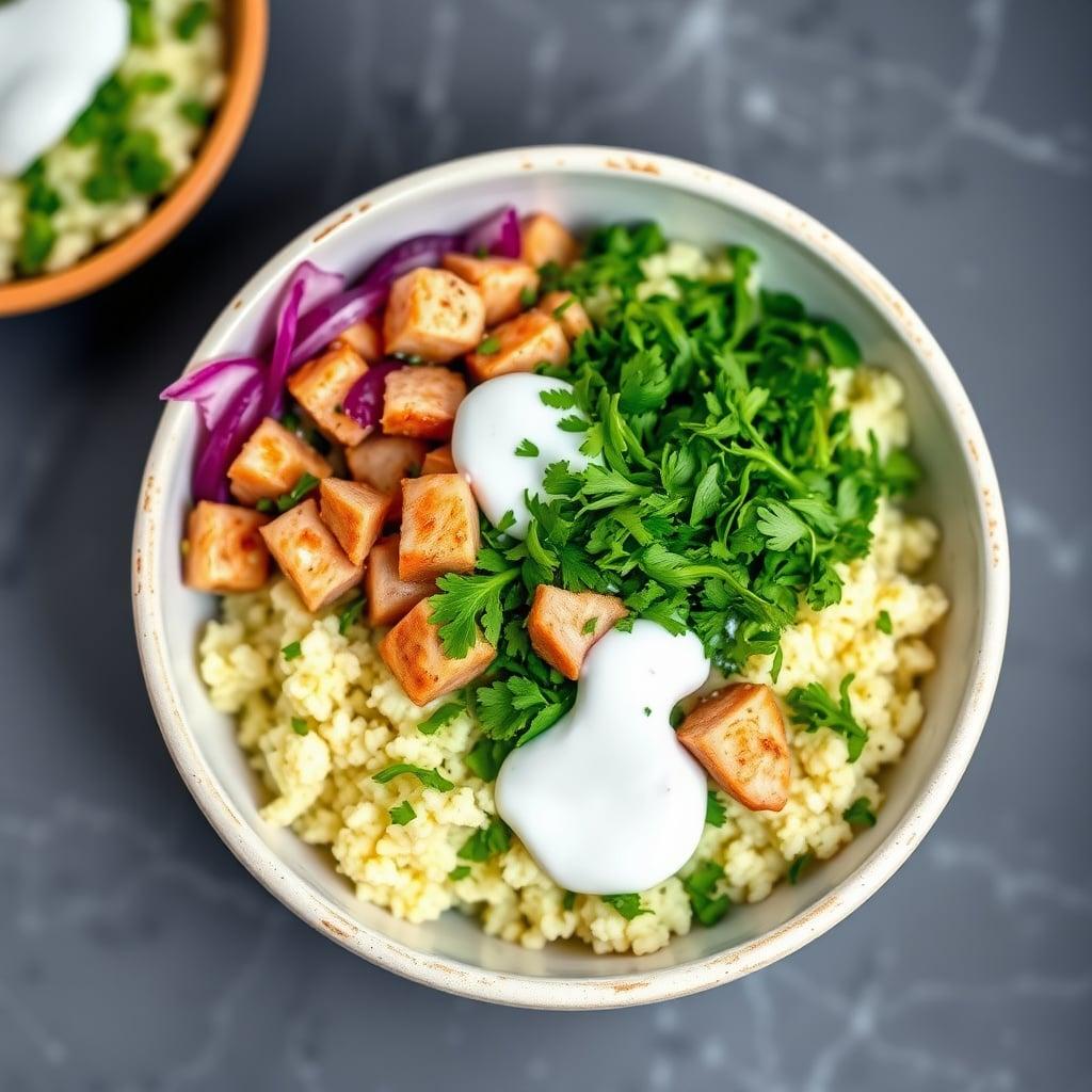 Leftover Pork Souvlaki-Style Bowls with Cauliflower Tabbouleh and Lemon-Garlic Yogurt Leftover Pork Souvlaki-Style Bowls with Cauliflower Tabbouleh and Lemon-Garlic Yogurt