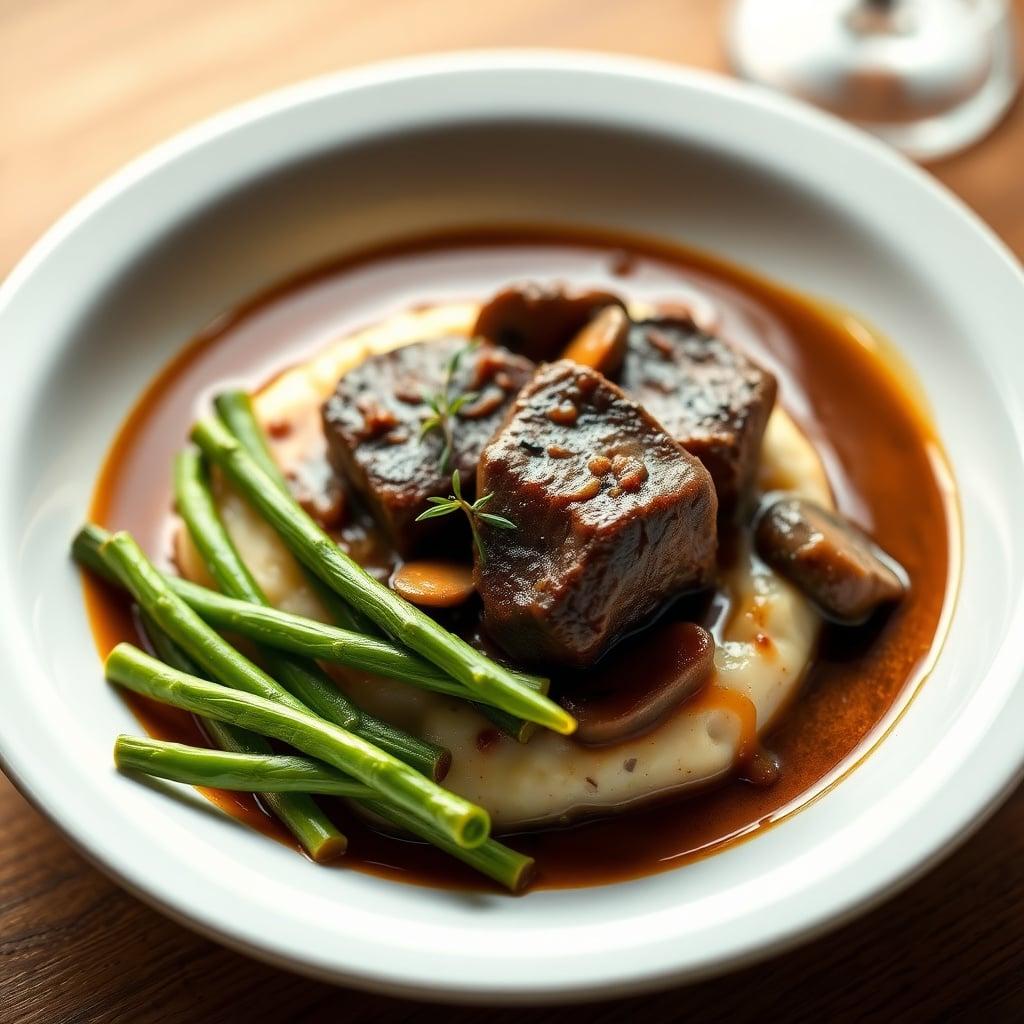 Braised Beef Tips in a Rich Mushroom-Thyme Gravy with Celery Root Mash and Haricots Verts