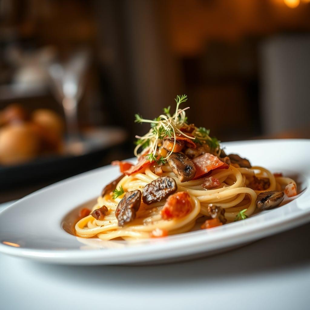 Al Dente Fettuccine with Crispy Pancetta, Forest Mushroom Ragù, and Melted Leeks
