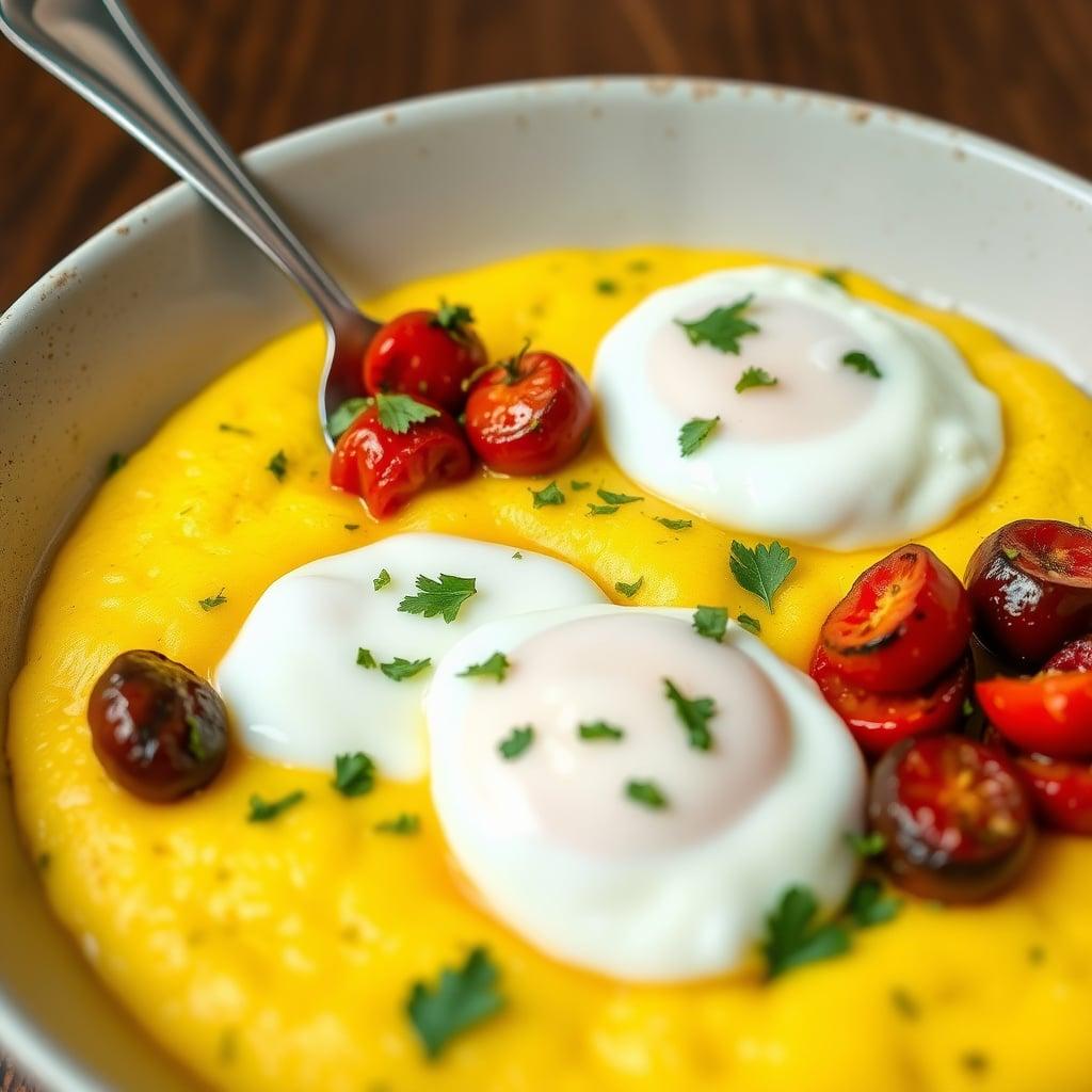 Savory Breakfast Polenta Bowls with Poached Eggs and Herb-Roasted Tomatoes Savory Breakfast Polenta Bowls with Poached Eggs and Herb-Roasted Tomatoes