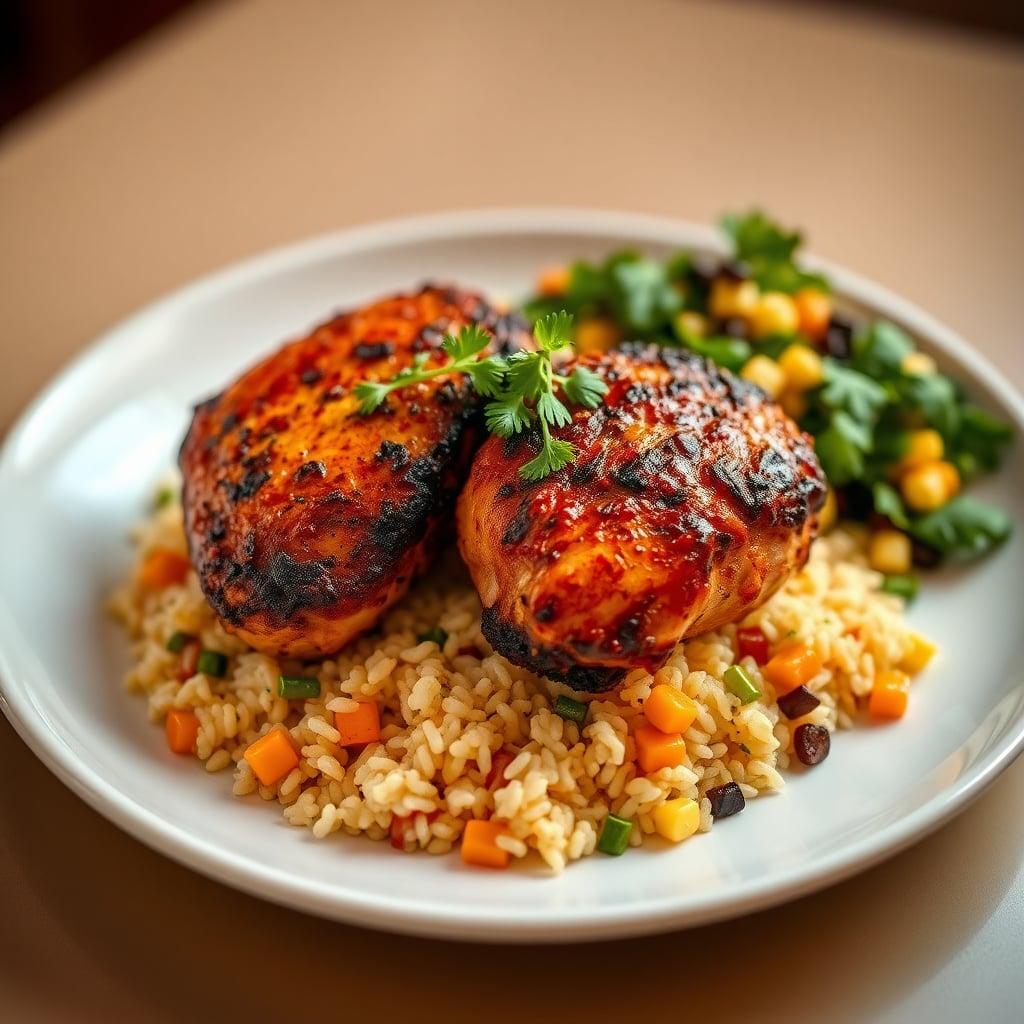Ancho-Rubbed Chicken Thighs with Cilantro-Lime Rice and Charred Corn Salad