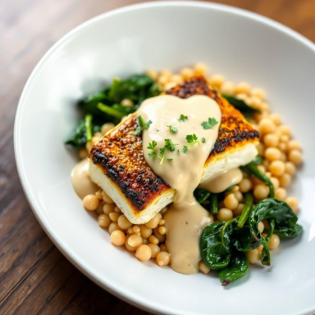Pan-Seared Cod with Creamy Tahini Sauce, Wilted Chard, and Pearl Couscous Pan-Seared Cod with Creamy Tahini Sauce, Wilted Chard, and Pearl Couscous
