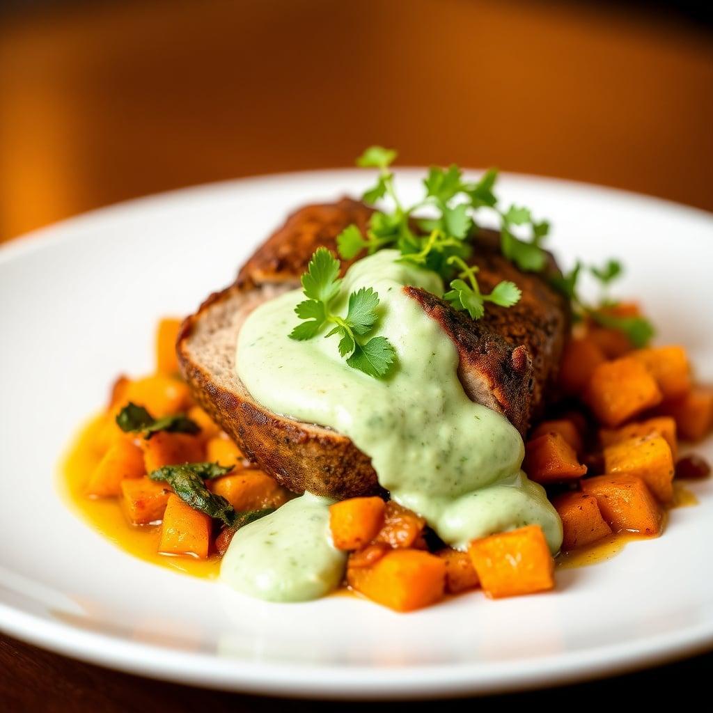 Ancho-Chili Rubbed Pork Tenderloin with Sweet Potato-Chorizo Hash and Lime-Cilantro Crema