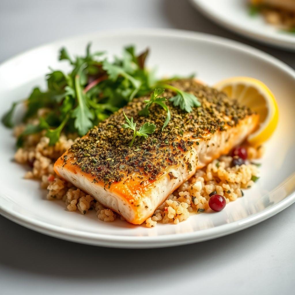 Herb-Crusted Chinook Salmon with Dill-Feta Quinoa and Peppery Arugula Salad Herb-Crusted Chinook Salmon with Dill-Feta Quinoa and Peppery Arugula Salad