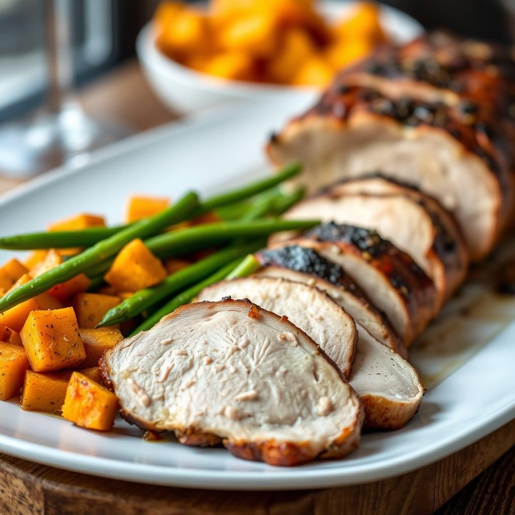 Mild Mediterranean Roasted Pork Loin with Sweet Potatoes and Green Beans Mild Mediterranean Roasted Pork Loin with Sweet Potatoes and Green Beans