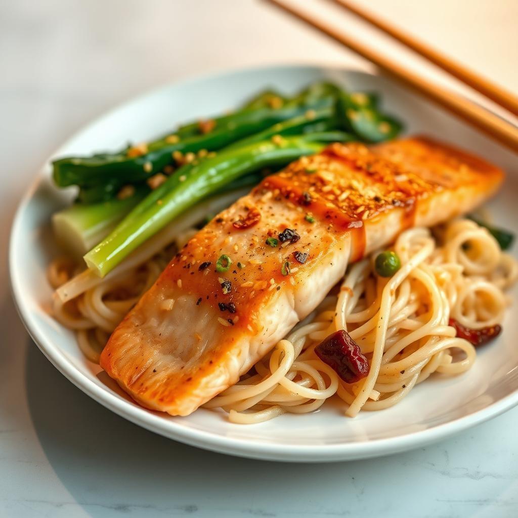 Asian-Inspired Sesame Ginger Salmon with Bok Choy and Rice Noodles