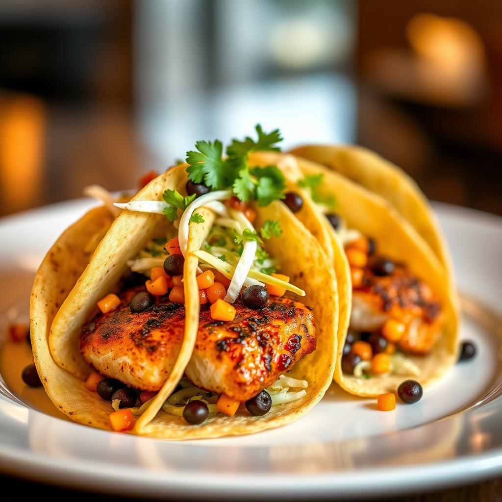 Blackened Mahi-Mahi Tacos with Cilantro-Lime Slaw and Black Bean-Corn Salsa