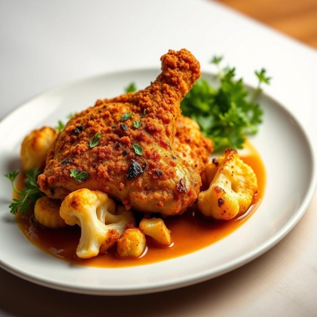 Air-Fried Moroccan Spiced Chicken with Roasted Cauliflower