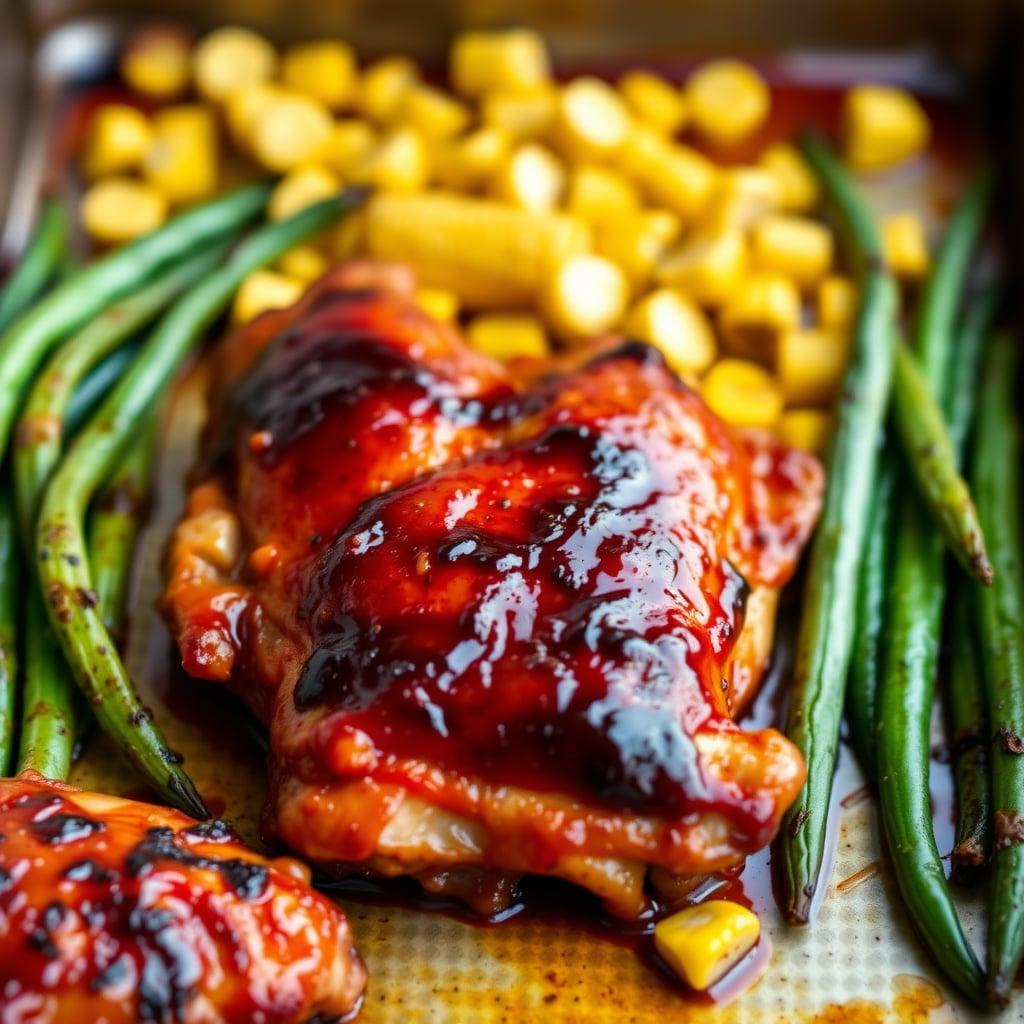 Sheet Pan BBQ Chicken Thighs with Corn and Green Beans