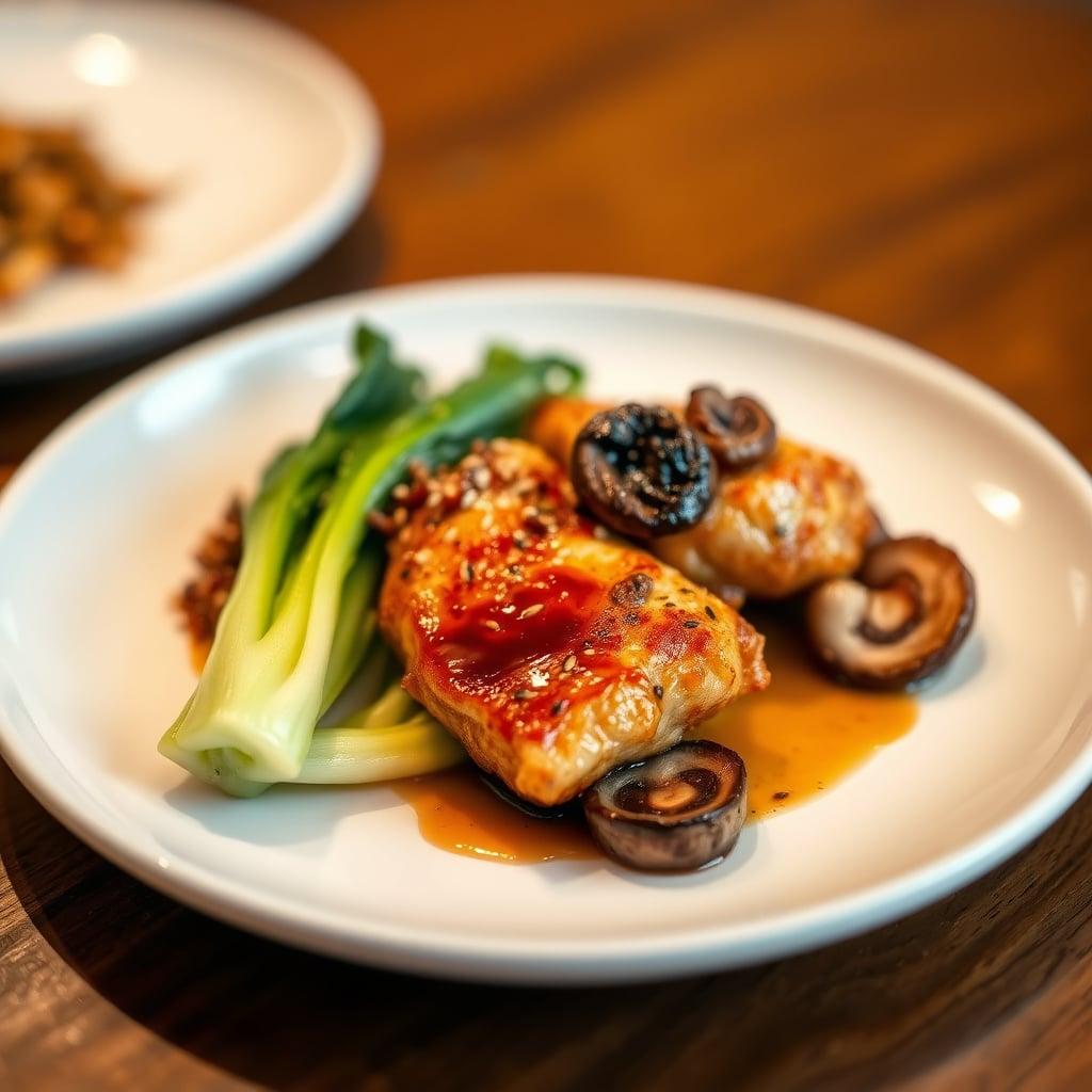 Crispy Ginger-Soy Chicken Thighs with Sesame-Blistered Baby Bok Choy and Charred Oyster Mushrooms Crispy Ginger-Soy Chicken Thighs with Sesame-Blistered Baby Bok Choy and Charred Oyster Mushrooms
