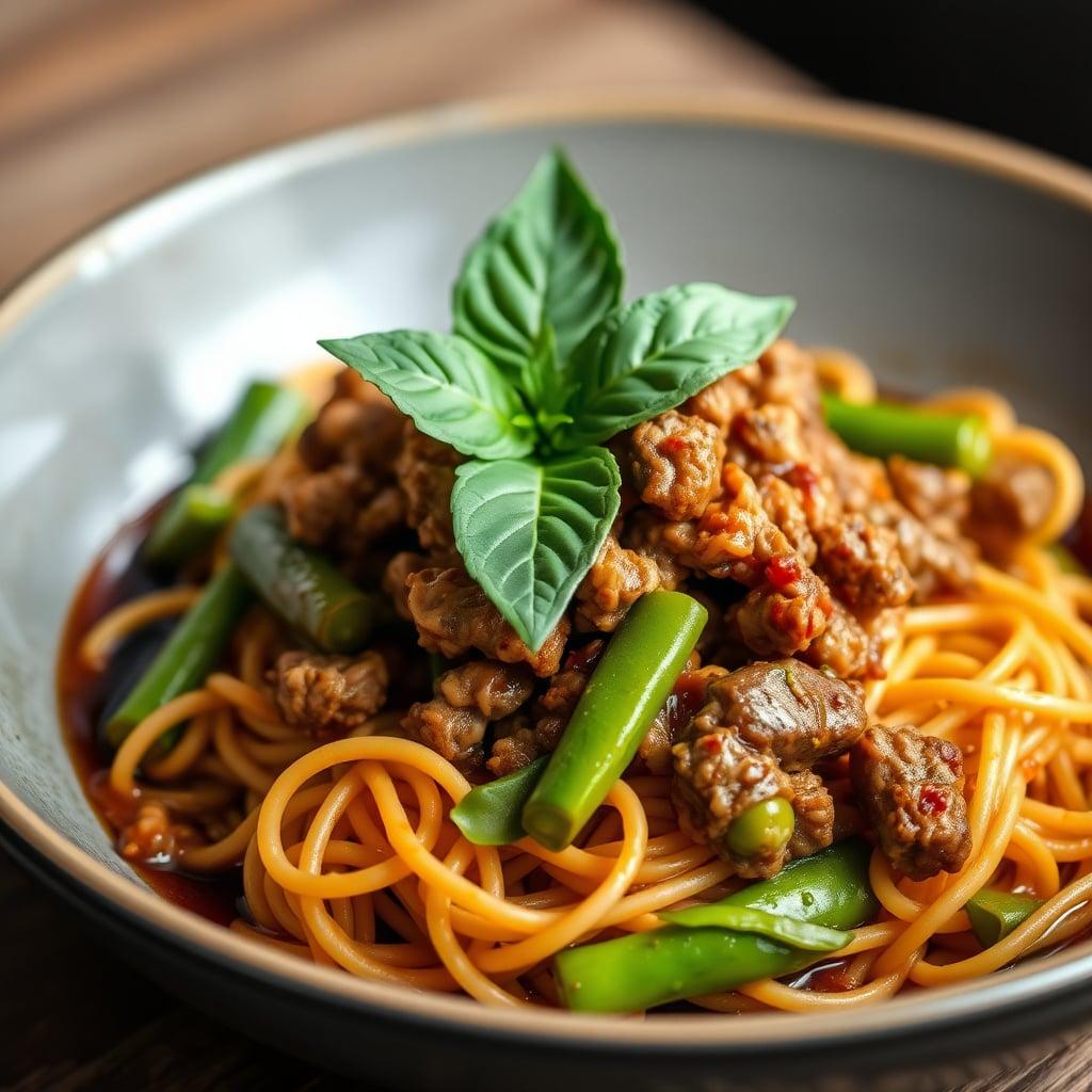 Spicy Thai Basil Ground Turkey Stir-Fry with Sweet Potato Noodles Spicy Thai Basil Ground Turkey Stir-Fry with Sweet Potato Noodles