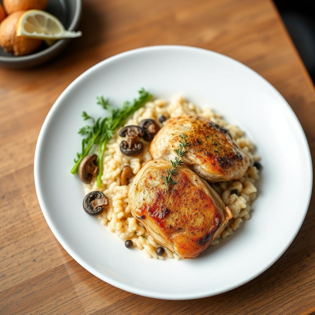 Mushroom and Leek Risotto with Thyme-Roasted Chicken Thighs Mushroom and Leek Risotto with Thyme-Roasted Chicken Thighs