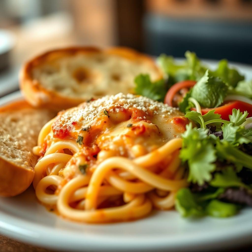 Cheesy Pizza Pasta Bake with Garlic Bread and Caesar Salad