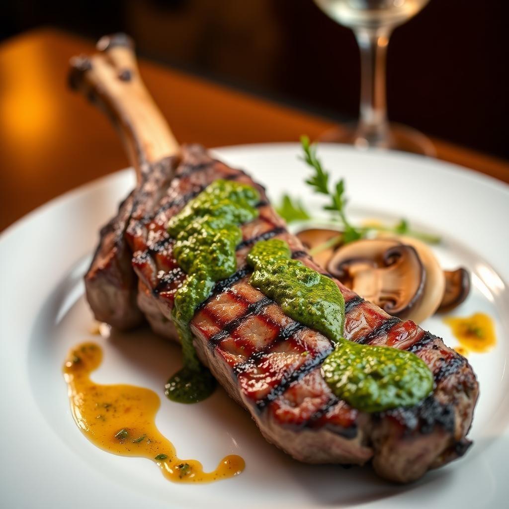 Grilled Tomahawk Steak with Chimichurri Sauce and Sautéed Mushrooms Grilled Tomahawk Steak with Chimichurri Sauce and Sautéed Mushrooms