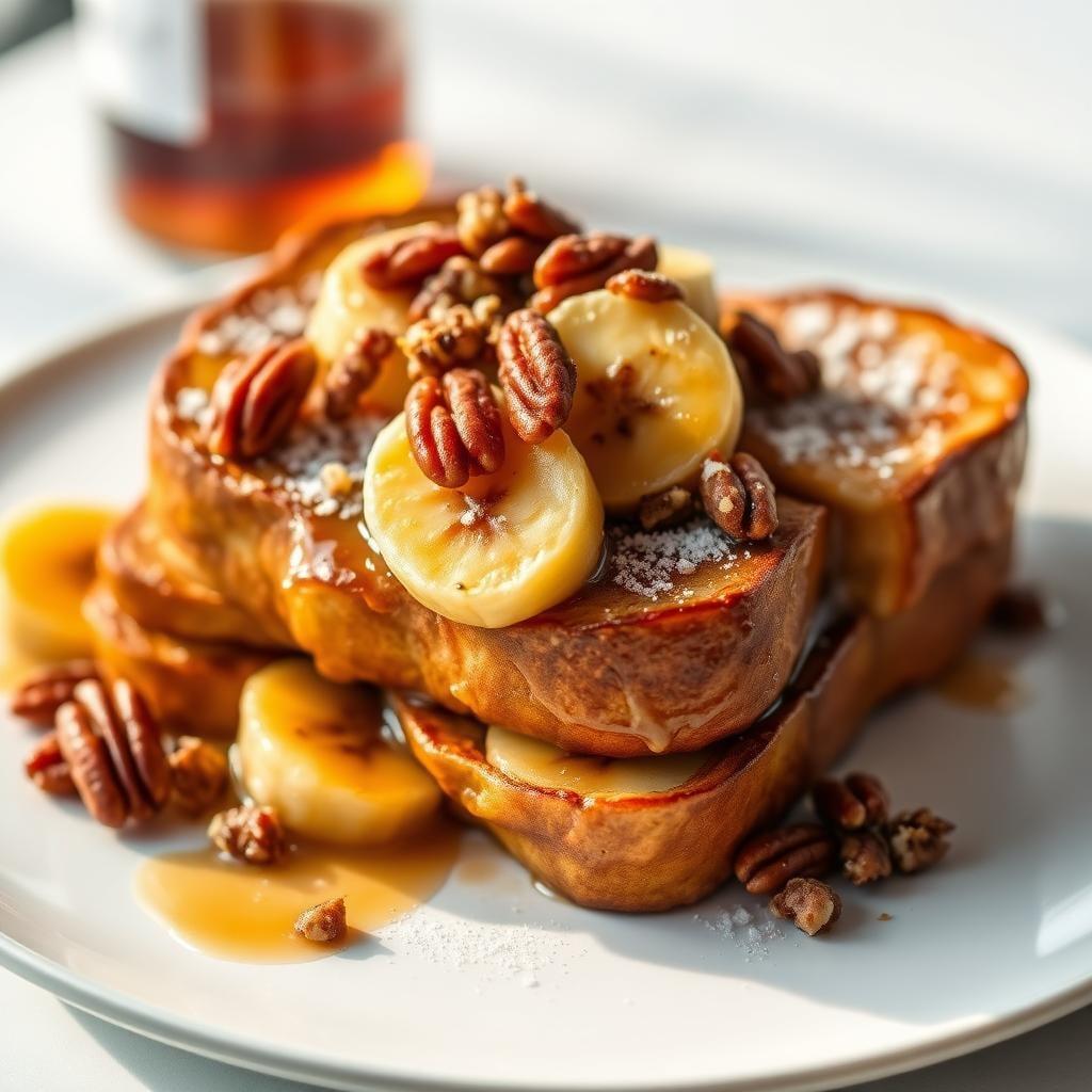 Bourbon Vanilla Bean French Toast with Caramelized Bananas and Candied Pecans