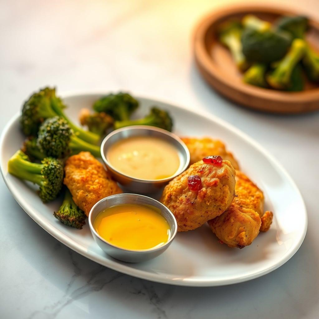 Homemade Chicken Fingers with Honey Mustard Dipping Sauce and Roasted Broccoli Homemade Chicken Fingers with Honey Mustard Dipping Sauce and Roasted Broccoli