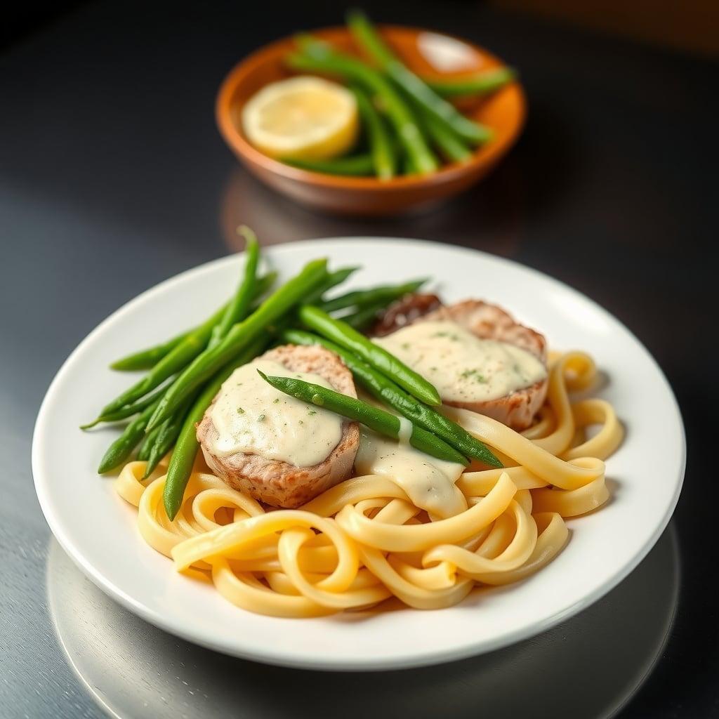 Pan-Seared Pork Medallions with Dijon-Tarragon Cream Sauce, Buttered Egg Noodles, and Haricots Verts Pan-Seared Pork Medallions with Dijon-Tarragon Cream Sauce, Buttered Egg Noodles, and Haricots Verts